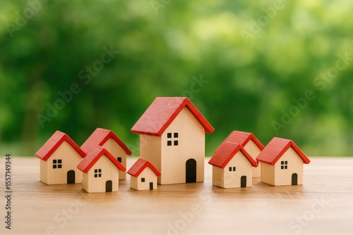 Miniature toy houses arranged on a wooden surface with a natural backdrop, representing homeownership and eco-friendly living photo