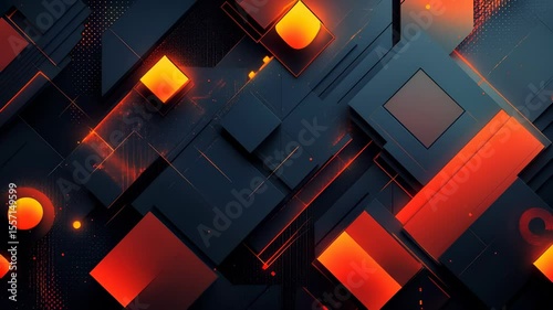 Abstract geometric composition with dark background and vibrant glowing orange shapes and highlights, inspired by 3D style.