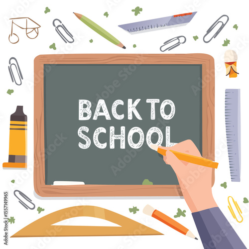 hand writes a text Back to School on a blackboard with chalk, stationery items on background. Modern collage style. Vector.blackboard, advertising, back to school, chalk, class, classroom, college, 
