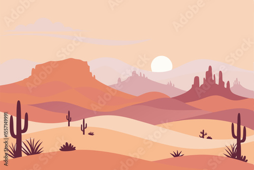 Minimal desert vector backdrop. Sand dunes, sky gradient. Simple, clean lines. Vector art style landscape.