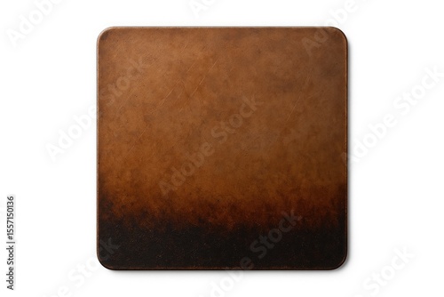 Burned metal square panel with a brown finish isolated on a white backdrop