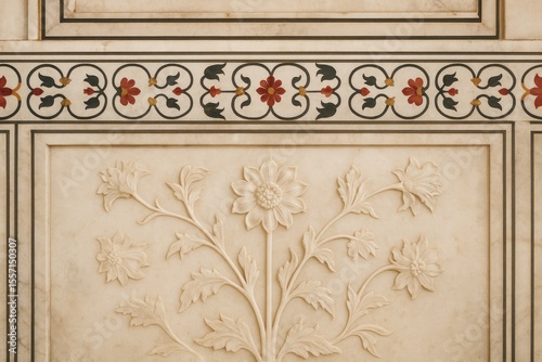 Intricate floral designs on elegant marble wall surfaces
