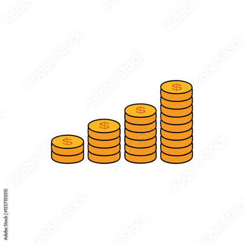 Vector art of stacks of gold coins showing financial growth isolated on white background