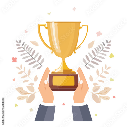 hands holding golden trophy. Modern photo collage style. gold, trophy, achievement, competition, success, celebration, accomplishment, approval, award, badge, best, celebrate, ceremony, challenge, 