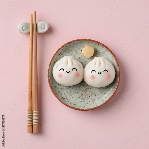 Cute dumpling with chopsticks and happy face on white background