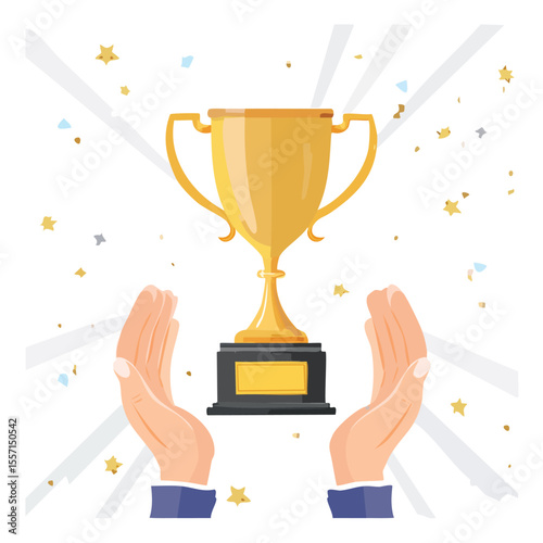hands holding golden trophy. Modern photo collage style. gold, trophy, achievement, competition, success, celebration, accomplishment, approval, award, badge, best, celebrate, ceremony, challenge, 