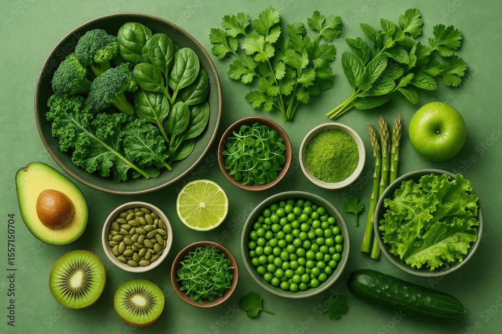 Obraz premium Nutrient-rich green foods and natural remedies for overall health, featuring superfoods, vitamins, and minerals like iron in herbs such as coriander and mint.