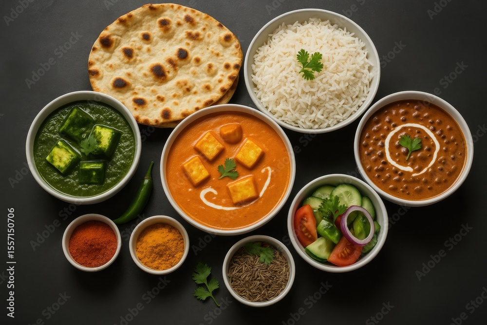 A variety of Indian dishes served for lunch or dinner, including rice, lentils, paneer butter masala, spinach with paneer, dal makhani, naan bread, fresh green salad, and aromatic spices on a moody A variety of Indian dishes served for lunch or dinner, including rice, lentils, paneer butter masala, spinach with paneer, dal makhani, naan bread, fresh green salad, and aromatic spices on a moody