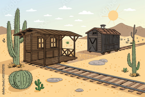 Sparse desert landscape with an isolated, weathered train stop. Vector art style. Flat, muted colors.