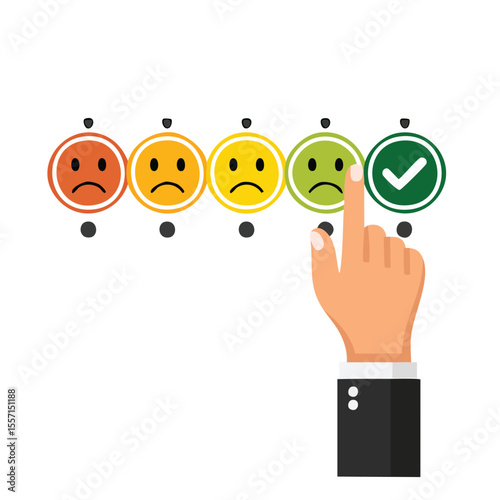  hand moves arrow on user feedback scale from sad to happy mark. Modern photo collage style.client, arrow, best, change, emotion, feedback, good, improve, improvement, joy, kind, like, management,