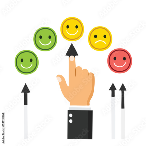  hand moves arrow on user feedback scale from sad to happy mark. Modern photo collage style.client, arrow, best, change, emotion, feedback, good, improve, improvement, joy, kind, like, management,