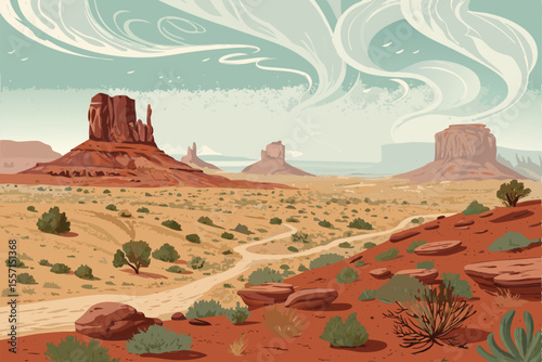 Vector desert panorama. Arid landscape, sand dunes, minimalist, illustration, scenic, background, yellow, orange, flat design.