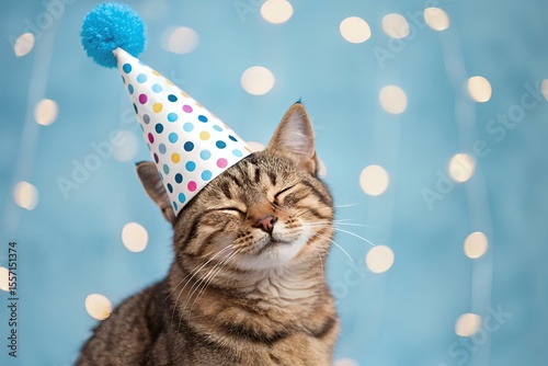 Adorable tabby cat wearing a festive polka dot birthday party hat with a blue pom pom and closed eyes in front of a soft blue bokeh background celebrating a special occasion
