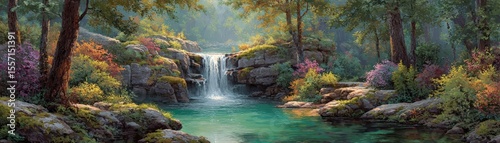 Capture the essence of serenity in a serene Waterfall, a digital artwork piece with photorealistic detailing and vibrant colors