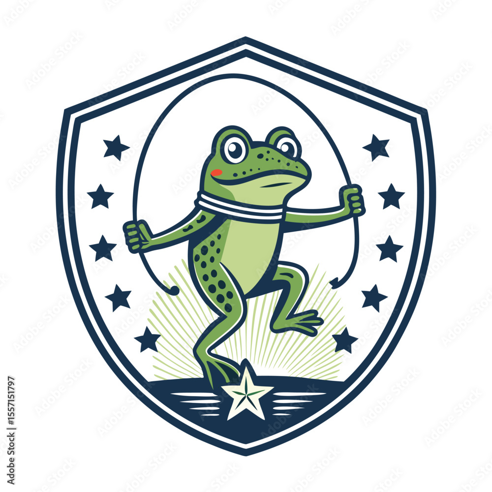 Katak kartun liar melompat tali dalam lencana berbentuk W.