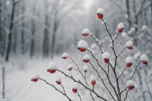 Frozen winter scene with snow-covered wild rose bush and icy forest backdrop