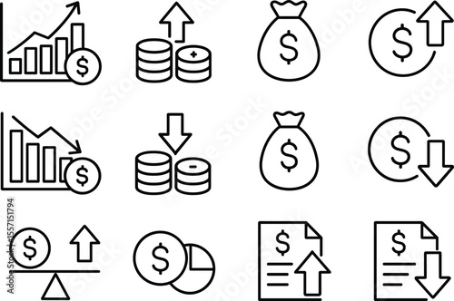 Financial Growth and Investment Strategy Outline Icons Set for Economic Development and Market Analysis