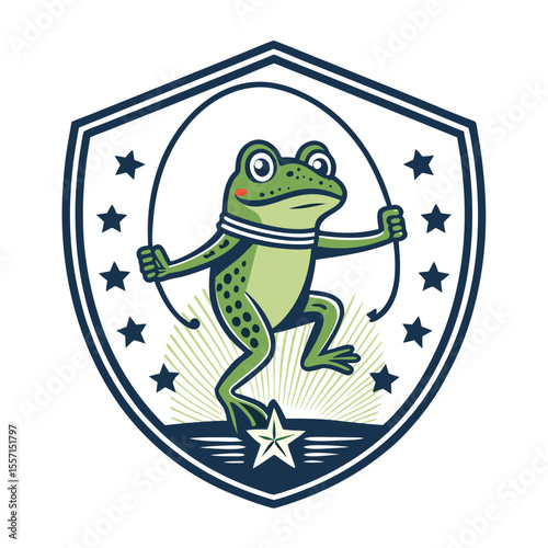 Katak kartun liar melompat tali dalam lencana berbentuk W.