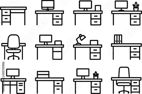 Office Desk and Chair Set Outline Icons Computer Lamp Bookshelf and Plant Vector Illustration Isolated