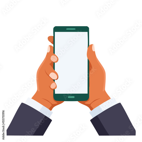 Black and white hands in a white shirt holding a phone with a empty screen.copy space, cut-out, advertisement, application, click, collage, colours, display, front, hold, message, network, presenting,