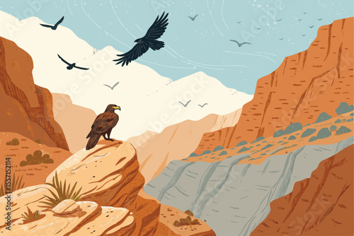 vector rocky desert cliffside background, arid landscape, dry canyon, panoramic view, warm colors, detailed.