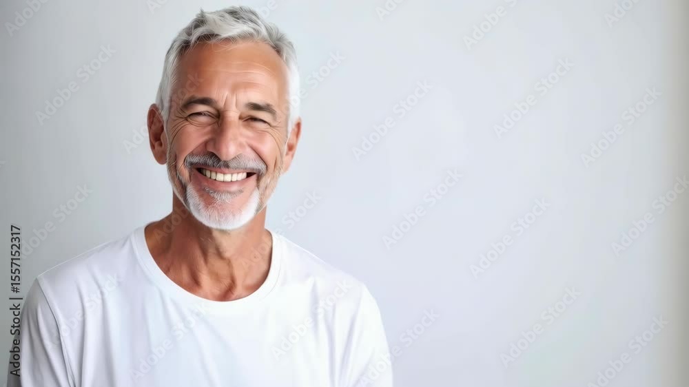 Happy mature man with gray hair and beard smiles, wearing white t-shirt against a plain light background in a head and shoulders portrait.