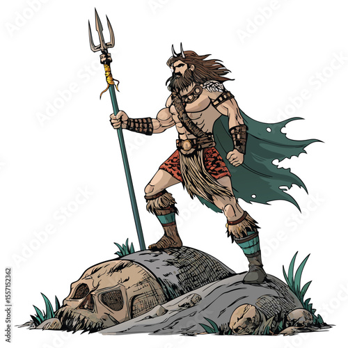 A powerful barbarian king wields a trident adorned with seaweed, embodying primal oceanic might.