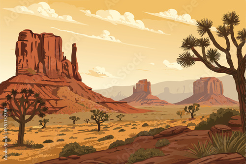 Detailed vector art of a scenic western valley, rugged mountains, desert landscape, big sky.