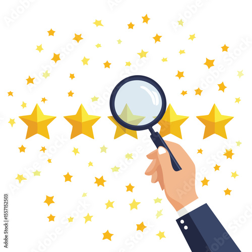 Hand with a magnifying glass look at the fifth star in a row. User experience. Service rating. Modern collage style. application, approval, assessment, best, choice, client, evaluation, excellent, 