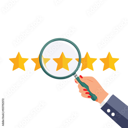 Hand with a magnifying glass look at the fifth star in a row. User experience. Service rating. Modern collage style. application, approval, assessment, best, choice, client, evaluation, excellent, 