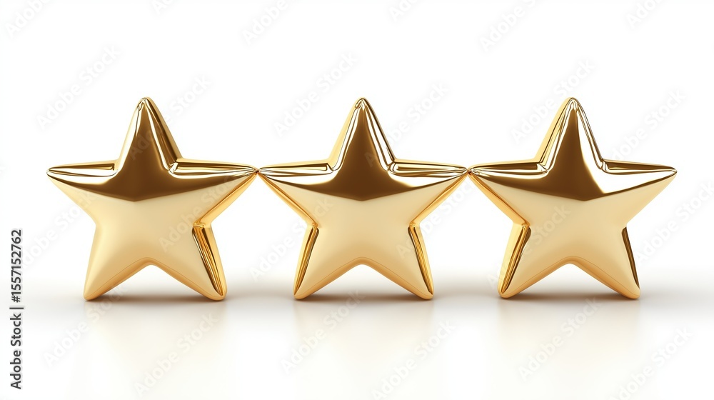 Fototapeta premium Three glossy golden stars on a white background. Ideal for ratings, awards, or recognition - related designs. Perfect for websites, apps