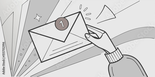 hand holding an envelope with a unread message notification.mail, message, envelope, communication, new, chat, check, contact, document, hold, letter, marketing, notice, send, correspondence,