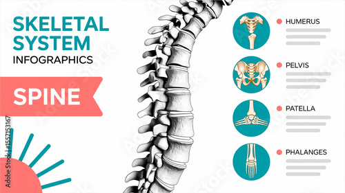 An infographic illustration of the skeletal system focusing on the spine and its components