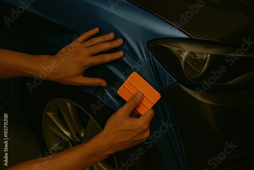 Close-up of hands applying vinyl wrap to a car — showcasing precision, customization, and surface transformation. Ideal for auto styling, branding visuals, and customization service campaigns