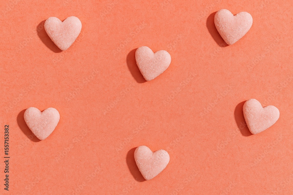 Fototapeta premium Minimalist love theme featuring sweet sugar hearts on vibrant backgrounds. Modern abstract art style.