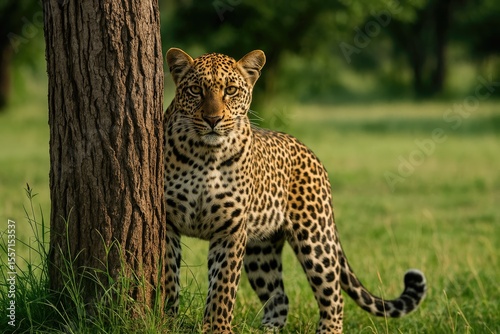 Big cat lurking behind a tree trunk