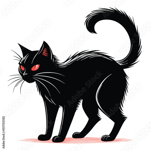 A black cat with an arched back and bright red eyes is poised in a classic spooky stance.