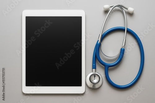 Healthcare tools featuring a blue stethoscope and digital tablet on a neutral backdrop