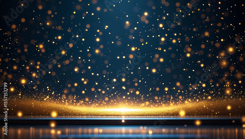 Golden glitter falling on dark blue background with bokeh effect and reflective surface