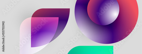 Abstract shapes overlap, creating vibrant gradients. Purple, teal, red hues dominate neutral background. Modern design elements present.
