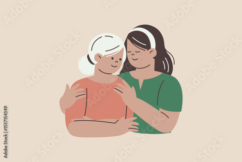 Happy Daughter Hugging Old Mother Illustration