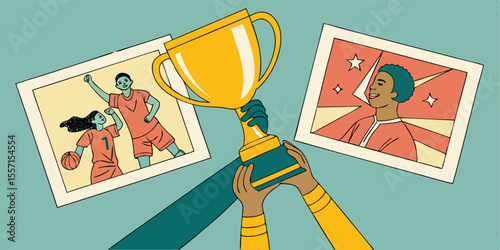 hands holding golden trophy. Modern photo collage style. gold, trophy, achievement, competition, success, celebration, accomplishment, approval, award, badge, best, celebrate, ceremony, challenge, 