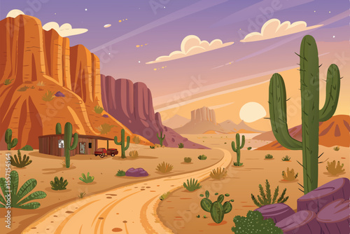 Vector landscape sunlit desert canyon, red rock formations, blue sky, minimal detail, southwest US inspiration.
