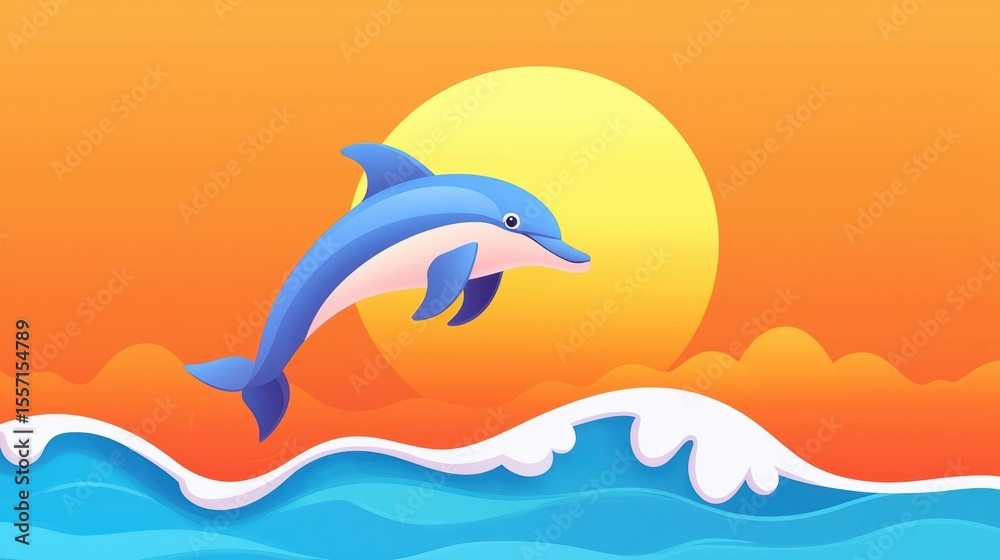 Fototapeta premium Cheerful Dolphin Jumping Through Waves Under Vibrant Sunset in a Colorful Seascape
