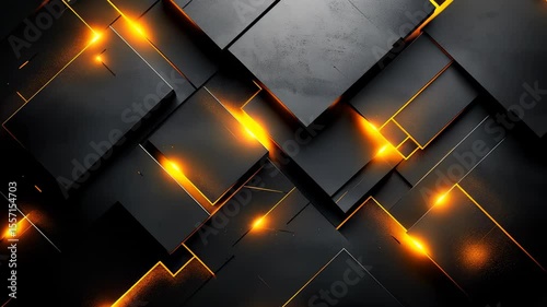 Dynamic abstract background featuring layered black panels with glowing orange light in between. Futuristic, high-tech design with strong contrast