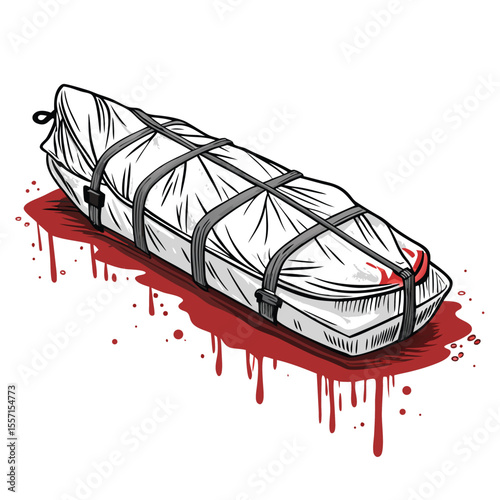 A grim outline of a body bag, stained by dark, seeping blood, evokes a sense of tragedy.