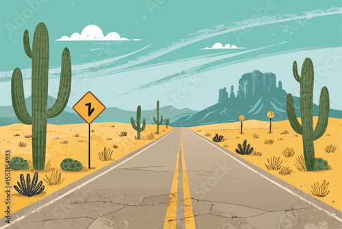 Vector art, desert sunset backdrop featuring mesas, cacti, tumbleweeds, and rocky formations with a dusty road.