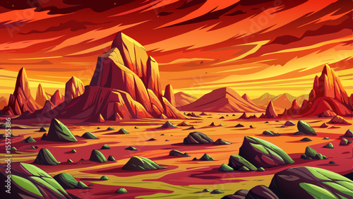 rocky desert plain landscape with massive boulders scattered across vivid orange sand, The sky is a rich solid gradient from sapphire to cobalt