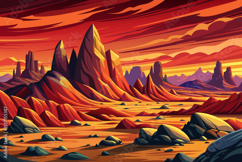 rocky desert plain landscape with massive boulders scattered across vivid orange sand, The sky is a rich solid gradient from sapphire to cobalt