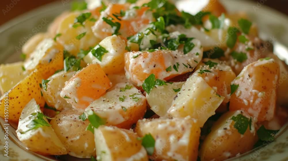 Tasteful and wholesome casserole with caramelized potatoes, fish, fresh herbs, and creamy sauce. A mouthwatering gourmet meal.